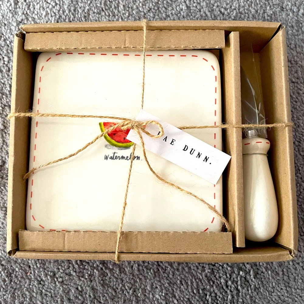 Rae Dunn cheese board and knife. Brand new. 6 inch square.  In box with tag